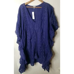 J Crew Re-imagined Blue Embroidered Floral Caftan Cover Up Tunic Top MEDIUM
